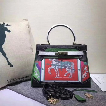 Replica Hermes Kelly 28cm Horse Print Togo Leather Handbag Green