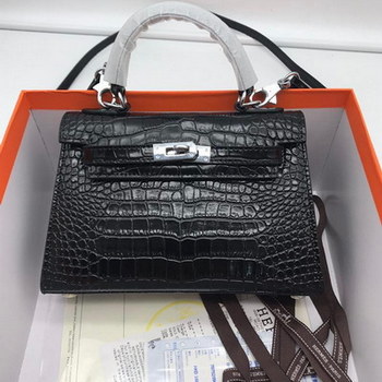 Replica Hermes 22cm Kelly Bag Crocodile Stripe Handbag Black With Silver