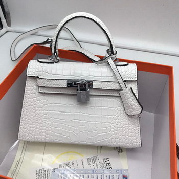 Replica Hermes 22cm Kelly Bag Crocodile Stripe Handbag White With Silver
