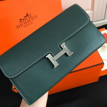 Replica Top Replica HERMES Constance Long Wallet Gris Asphalt Epsom Blue with Silver Tone Metal