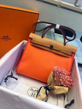 Replica Top Replica Hermes Herbag 31cm Burgundy Canvas Bag Orange and Coffee