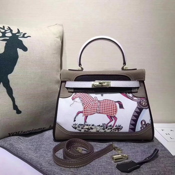Replica Hermes Kelly 28cm Horse Print Togo Leather Handbag White Grey