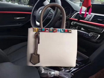 Replica Fendi Petite 2Jours Powder Gray Leather Tote Bag with Multicolored Studs