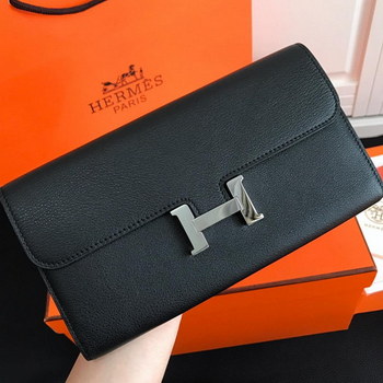 Replica Top Replica HERMES Constance Long Wallet Gris Asphalt Epsom Black with Silver Tone Metal