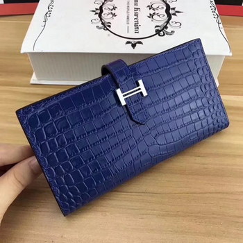 Replica Hermes Bearn Soufflet Women Wallet Crocodile Skin Silver Hardware Blue