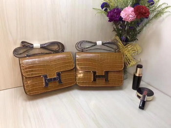 Replica Hermes 23cm Constance Shoulder Bag Crocodile Stripe Chocolate With Gold And Silver