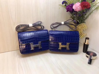 Replica Hermes 23cm Constance Shoulder Bag Crocodile Stripe Blue With Gold And Silver