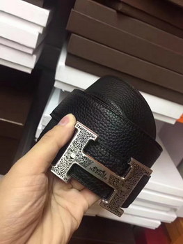Replica Hermes Leather Reversible Black Belt With Silver H Buckle 007