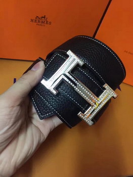 Replica Hermes Leather Reversible Black Belt With Silver H Buckle Diamonds 007