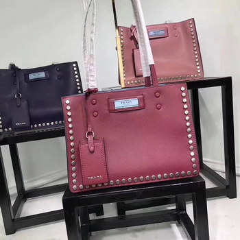 Replica Prada Etiquette Bag Calf Leather with Metal Stud Trim Red