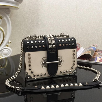 Replica Top Quality Prada 1BD045 Cahier Studded Women Leather Bag White