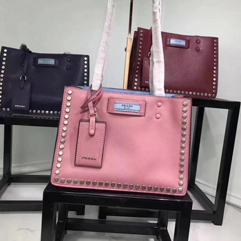 Replica Prada Etiquette Bag Calf Leather with Metal Stud Trim Pink