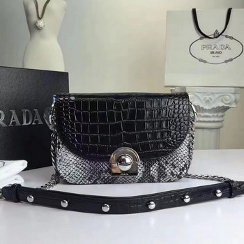 Replica Prada 2017 Crocodile Stripe Chain Bag Black
