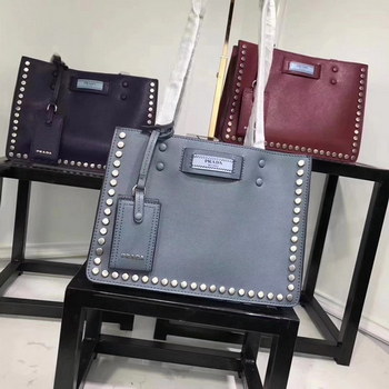 Replica Prada Etiquette Bag Calf Leather with Metal Stud trim Grey