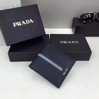 Replica Prada F0002 Men Saffiano Leather Wallet with Intarsia Contrasting Color Blue
