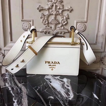 Replica Prada Bronze Hardware Leather Shoulder Bag White