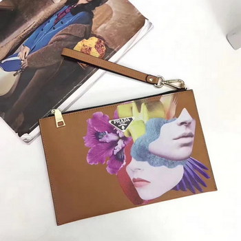 Replica Prada 2017 Art Printing Leather Clutch Bag Coffee