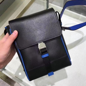 Replica Replica Prada Men Saffiano Leather Shoulder Bag Black and Blue 2VD019