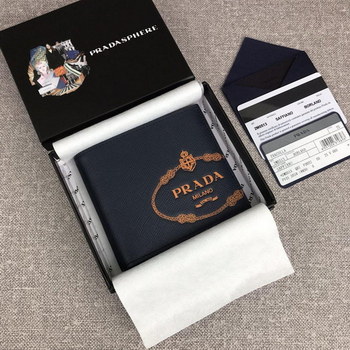 Replica Cheap Prada Men Saffiano Leather Wallet Blue With Yellow Prada Logo