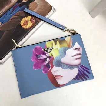 Replica Prada 2017 Art Printing Leather Clutch Bag Blue