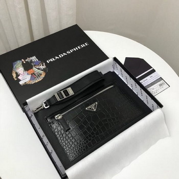 Replica Replica Prada 2NH009 Men Crocodile Grain Saffiano Leather Pouch Black