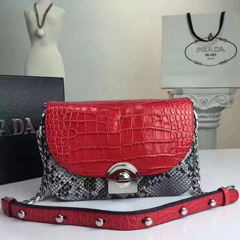 Replica Prada 2017 Crocodile Stripe Chain Bag Red