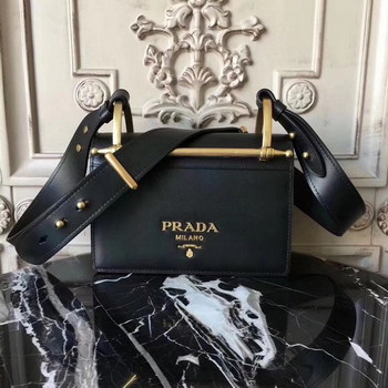 Replica Prada Bronze Hardware Leather Shoulder Bag Black