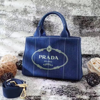 Replica Prada Top Handle Canvas Cowboy Shopping Bag Dark Blue