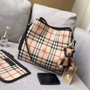 Replica Replica Burberry Check and Leather Women Shopping Bag Coffee