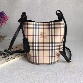 Replica Burberry Leather and Haymarket Check Crossbody Bucket Bag Black
