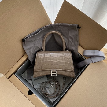 Replica Original Copy Balenciaga 23cm Womens Hourglass Chain Bag in Back Shiny Crocodile Embossed Leather Khaki