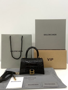 Replica Original Copy Balenciaga 19cm Womens Hourglass Chain Bag in Back Shiny Crocodile Embossed Leather Gray