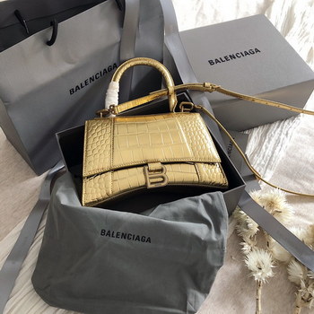 Replica Copy Balenciaga Hourglass S Top Handle Bag in Gold Shiny Crocodile Embossed Calfskin