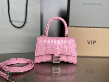 Replica Copy Balenciaga Hourglass XS Top Handle Bag in Pink Shiny Crocodile Embossed Calfskin