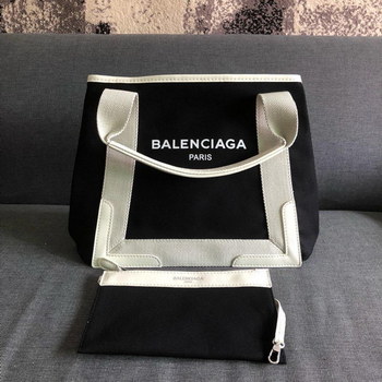 Replica Replica Balenciaga Women Navy Cabas LargeCotton Canvas and Calfskin Tote Bag White