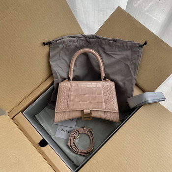 Replica Original Copy Balenciaga 23cm Womens Hourglass Chain Bag in Back Shiny Crocodile Embossed Leather Pink