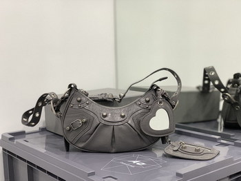 Replica 2021 Balenciaga Womens Le Cagole Small Shoulder Bag in Gray Arena Lambskin and aged Silver Hardware