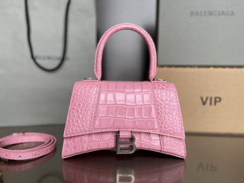 Replica Copy Balenciaga Hourglass S Top Handle Bag in Pink Shiny Crocodile Embossed Calfskin