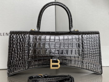 Replica Copy Balenciaga Hourglass Stretched Top Handle Bag in Black shiny Crocodile Embossed Calfskin