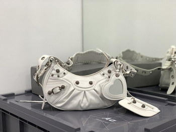 Replica 2021 Balenciaga Womens Le Cagole Small Shoulder Bag in White Arena Lambskin and aged Silver Hardware