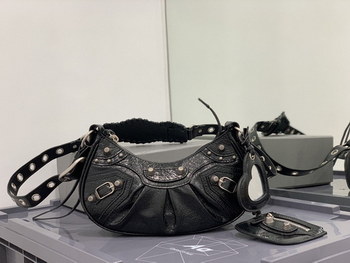 Replica 2021 Balenciaga Womens Le Cagole Small Shoulder Bag in Black Arena Lambskin and aged Silver Hardware