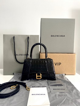 Replica Original Copy Balenciaga 23cm Womens Hourglass Chain Bag in Back Shiny Crocodile Embossed Leather Gray