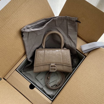 Replica Original Copy Balenciaga 19cm Womens Hourglass Chain Bag in Back Shiny Crocodile Embossed Leather Khaki