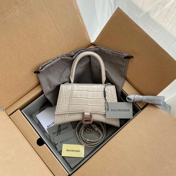 Replica Original Copy Balenciaga 23cm Womens Hourglass Chain Bag in Back Shiny Crocodile Embossed Leather Beige