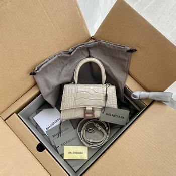 Replica Original Copy Balenciaga 19cm Womens Hourglass Chain Bag in Back Shiny Crocodile Embossed Leather Beige