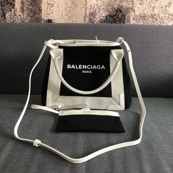 Replica Replica Balenciaga Women Navy Cabas SmallCotton Canvas and Calfskin Tote Bag White