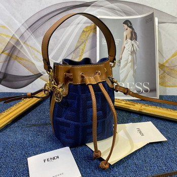 Replica Copy Fendi Mon Tresor Bucket Bag in Blue Canvas with Embroidered FF Motif