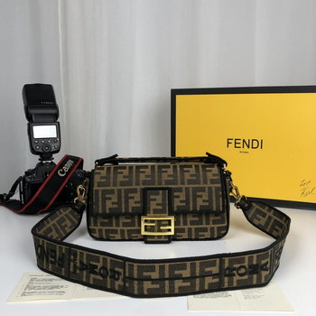Replica Replica Fendi Baguette Brown Fabric Medium Bag with Flap and FF Fastening with Magnetic Clasp