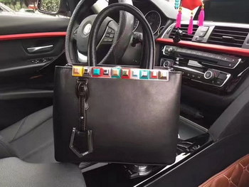 Replica Fendi Petite 2Jours Black Leather Tote Bag with Multicolored Studs