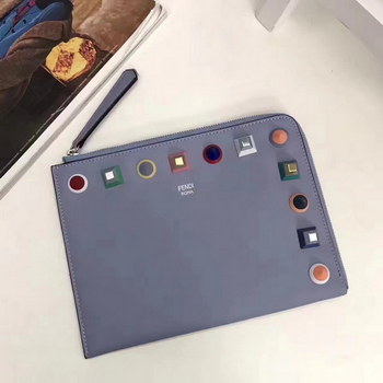 Replica Fendi Flat Clutch in Grey Leather with Multicolored Studs